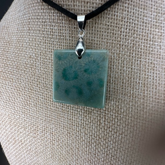 Light Green Coral Fossil Pendant Necklace on Black Satin Rope - Picture 9 of 15